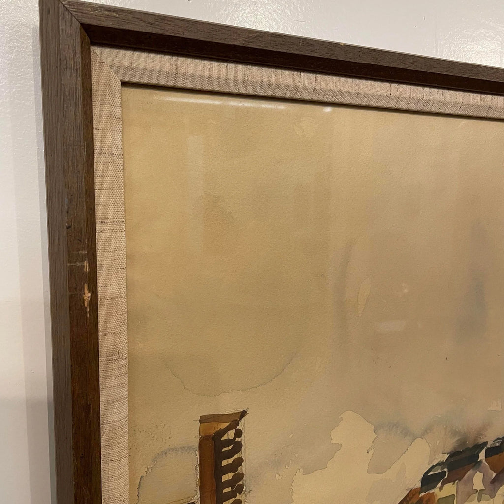 Mid 20th Century Modernist City Scene Watercolor Painting, Framed