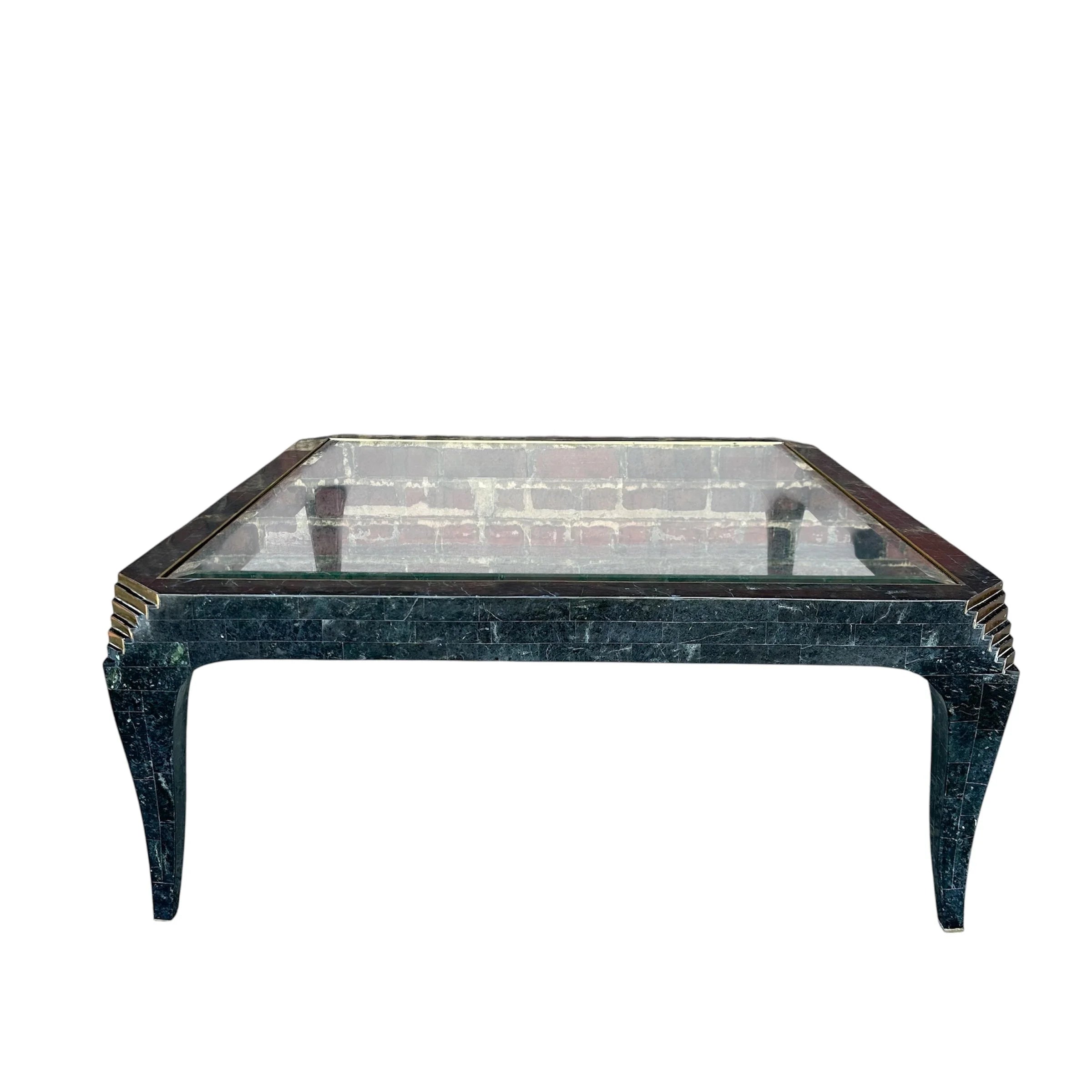 Casa Bique Tessellated Marble Glass and Brass Coffee Table Hollywood Regency