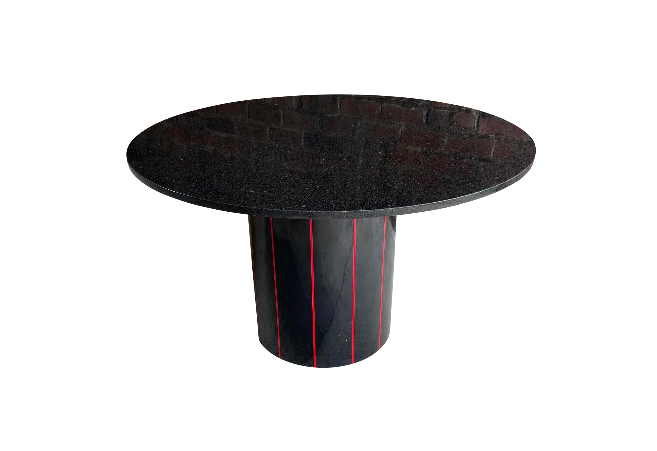 1980s Black Round Stone Table Top With Red Strips on Black Laminate Base Round
