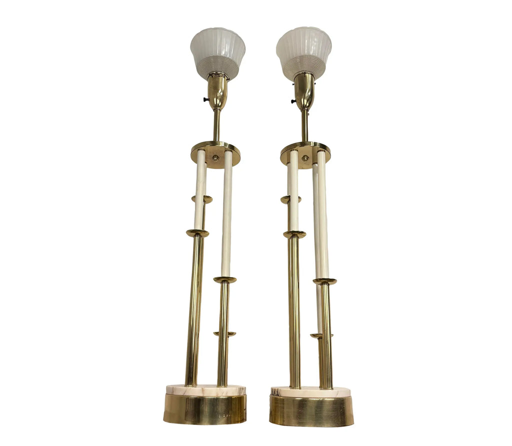 Pair of Colonial Premier Tall Brass and Marble Candelabra Style Table Lamps