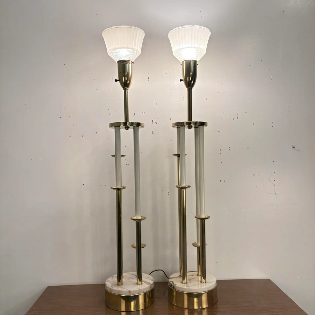 Pair of Colonial Premier Tall Brass and Marble Candelabra Style Table Lamps