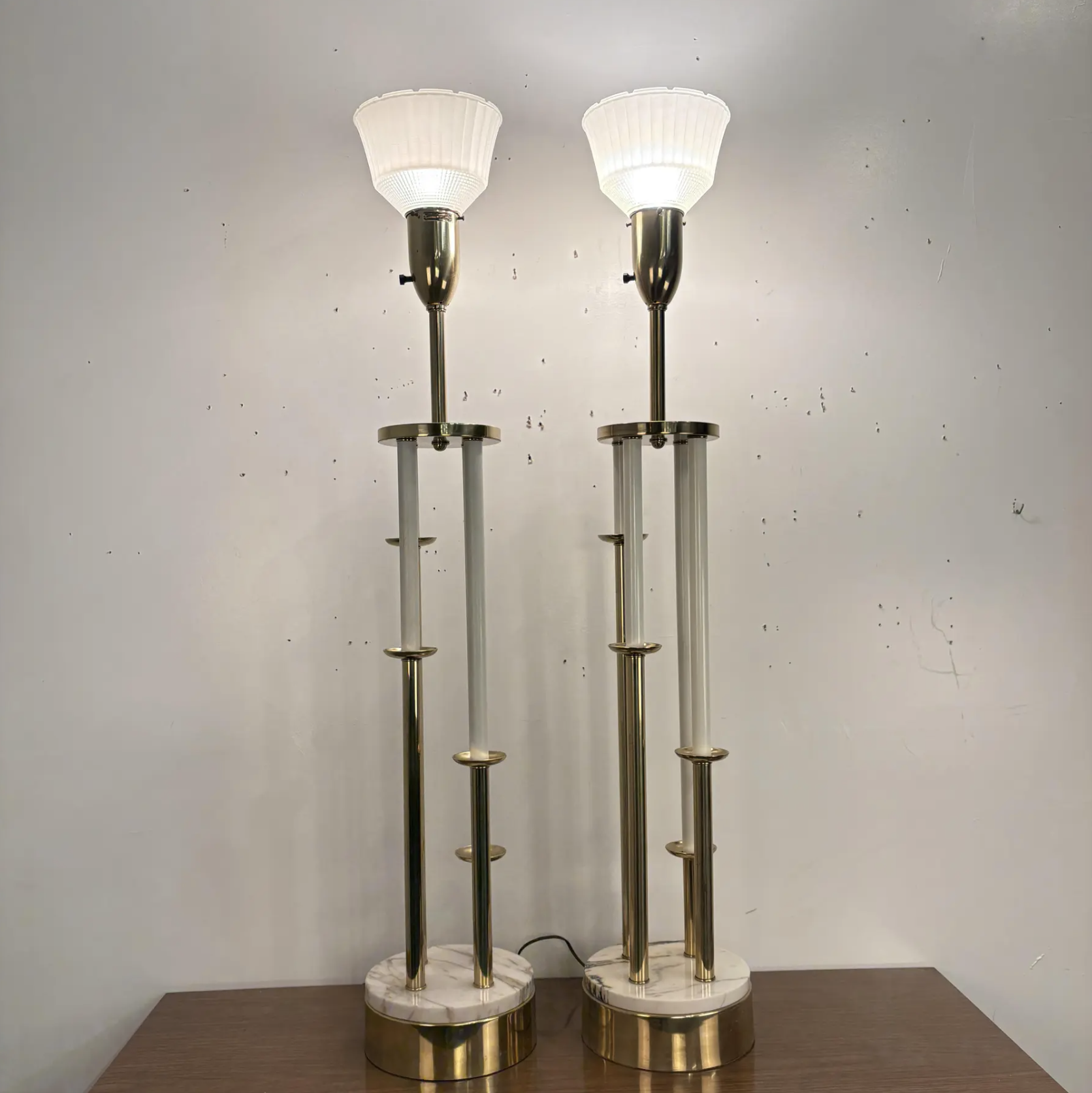 Pair of Colonial Premier Tall Brass and Marble Candelabra Style Table Lamps