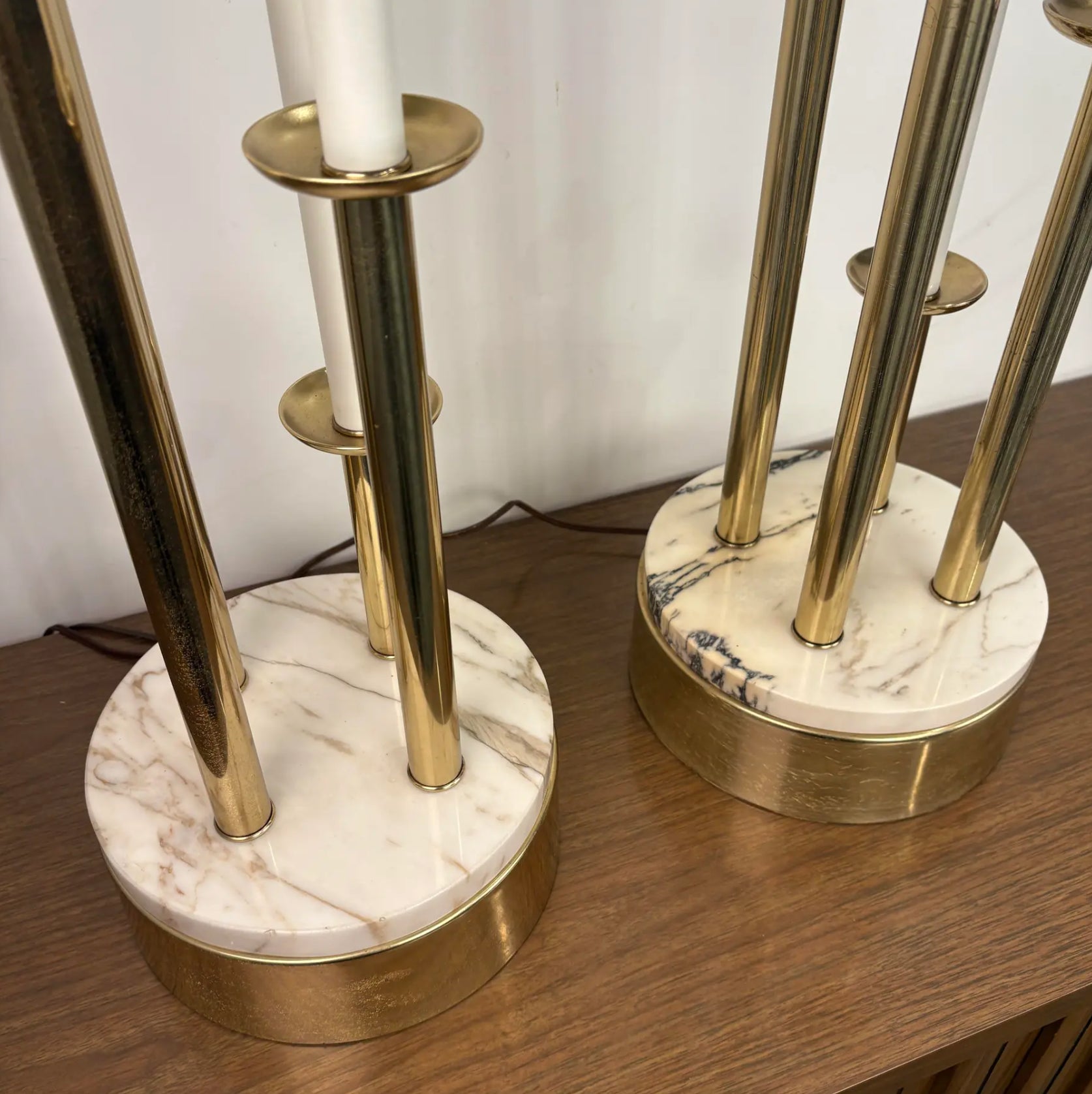 Pair of Colonial Premier Tall Brass and Marble Candelabra Style Table Lamps
