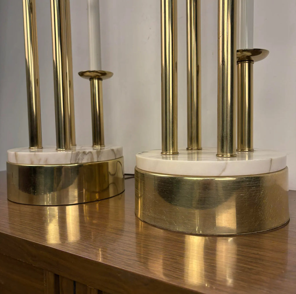 Pair of Colonial Premier Tall Brass and Marble Candelabra Style Table Lamps