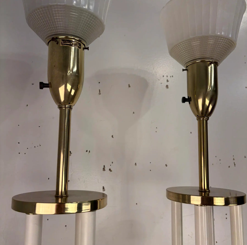 Pair of Colonial Premier Tall Brass and Marble Candelabra Style Table Lamps