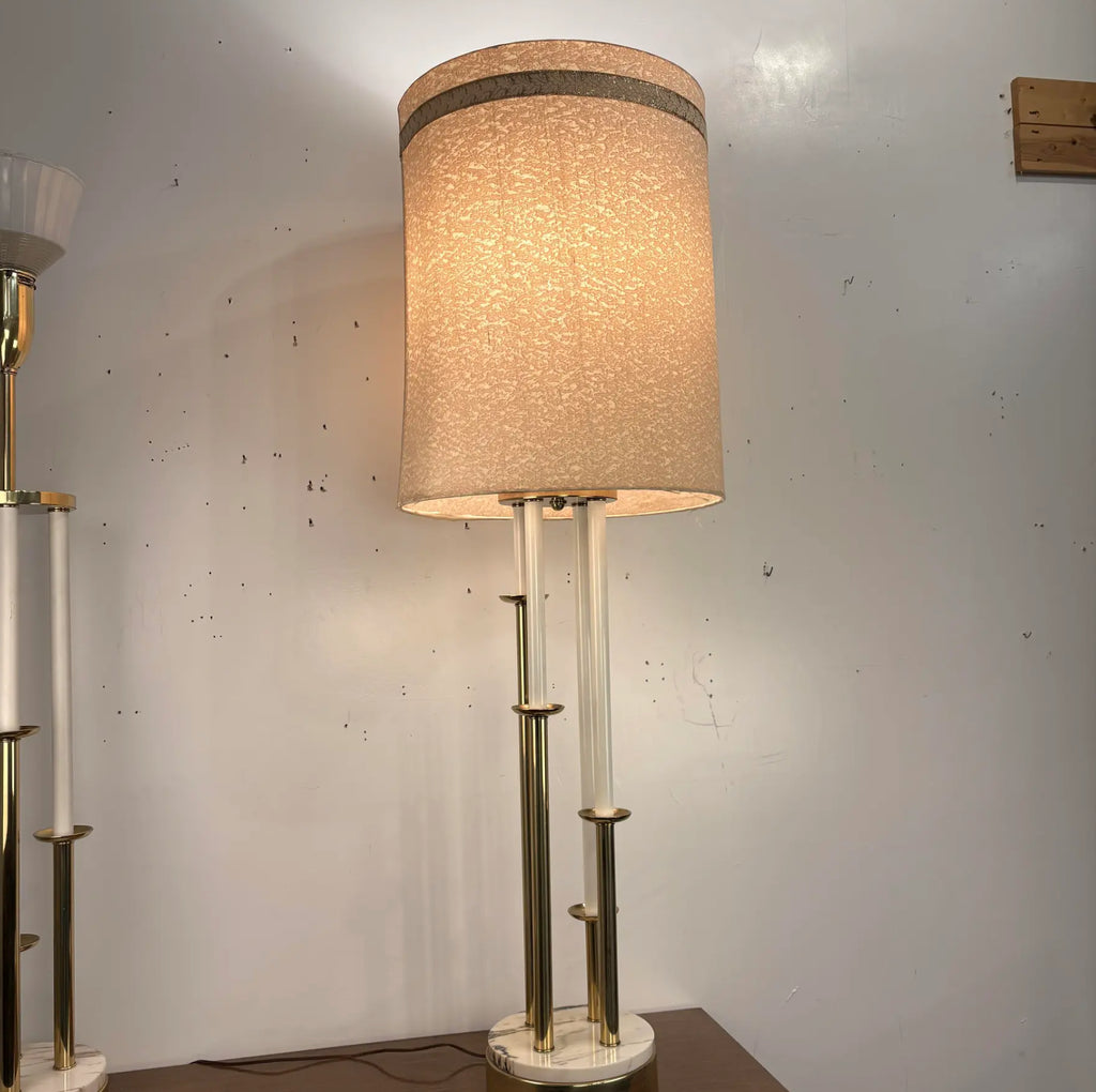 Pair of Colonial Premier Tall Brass and Marble Candelabra Style Table Lamps