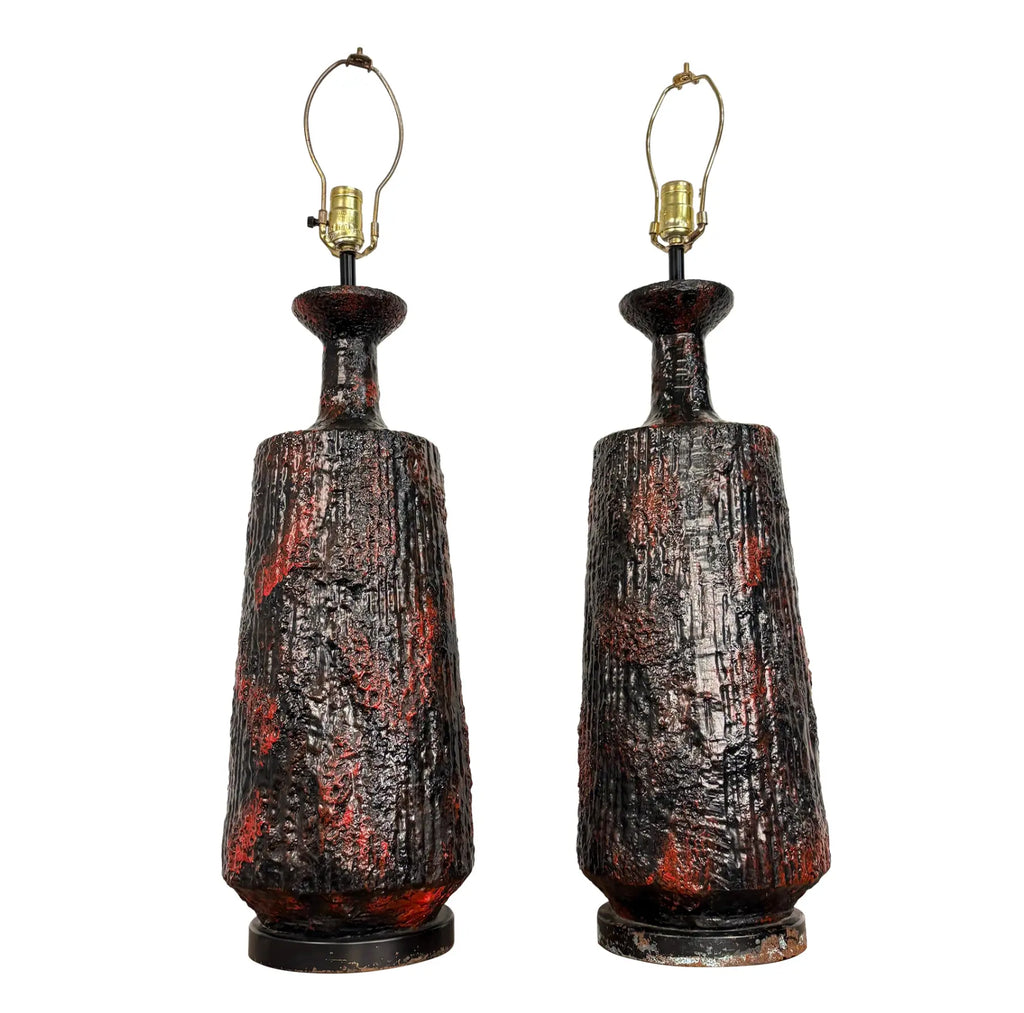 Pair Century Modern Pair of Lamps With Heavy Lava Glaze Textured