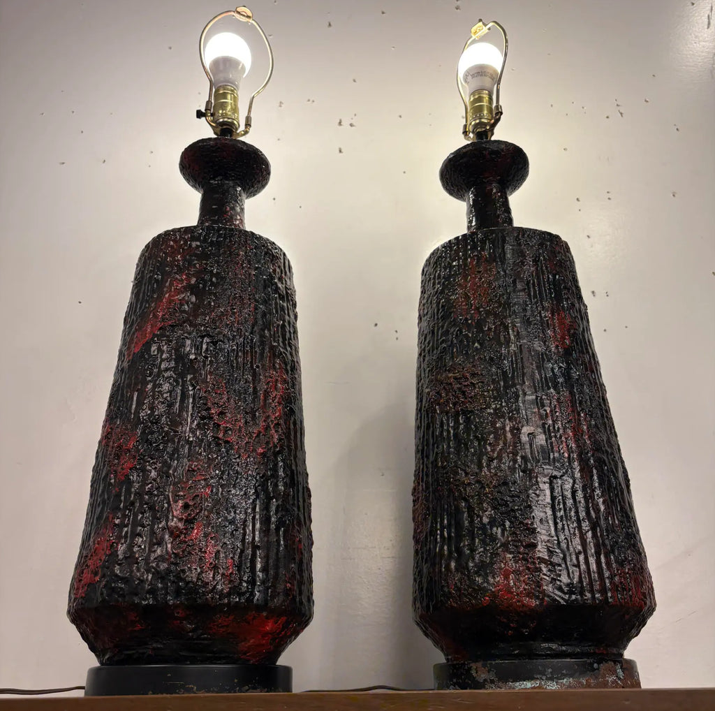 Pair Century Modern Pair of Lamps With Heavy Lava Glaze Textured