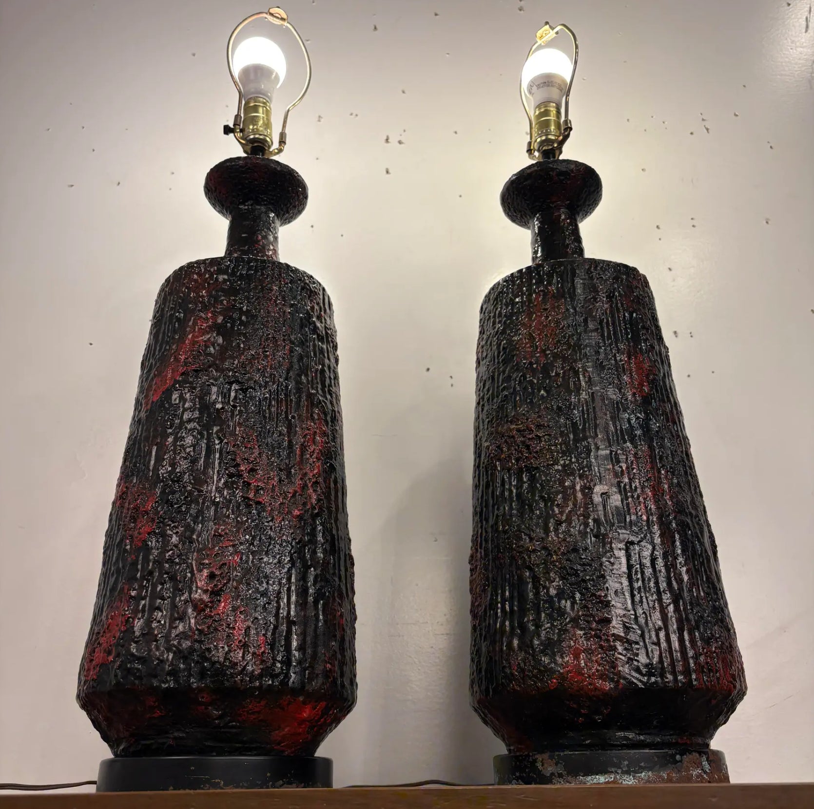Pair Century Modern Pair of Lamps With Heavy Lava Glaze Textured