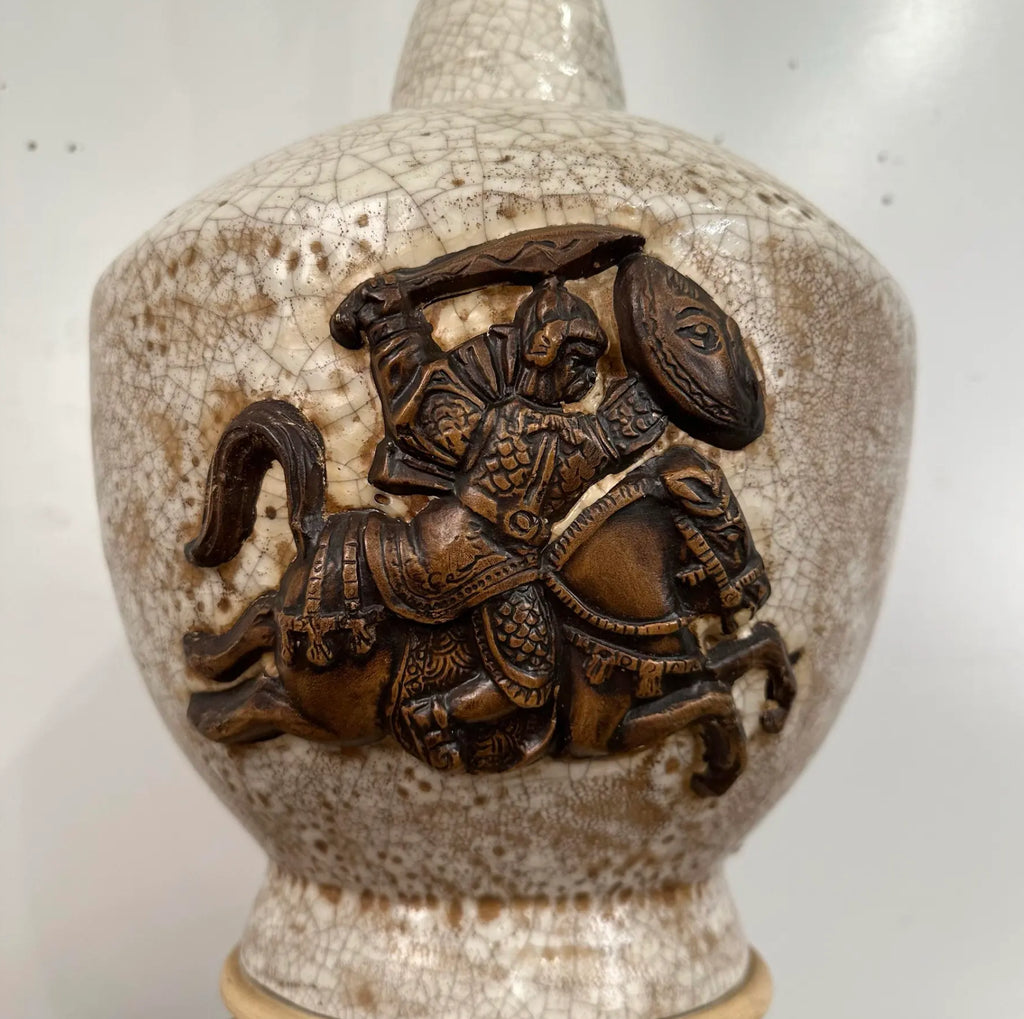 Large Scale Ceramic Chinoiserie Knight Table Lamp. James Mont Style