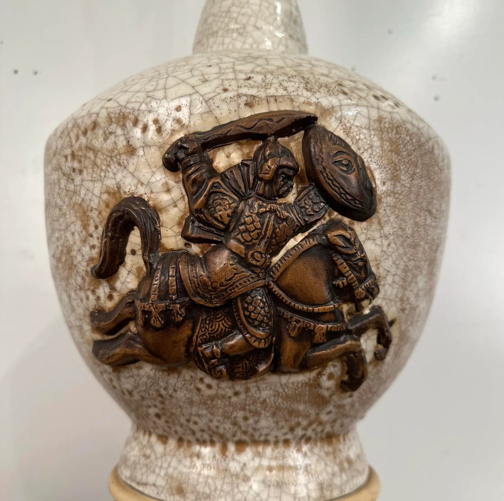 Large Scale Ceramic Chinoiserie Knight Table Lamp. James Mont Style