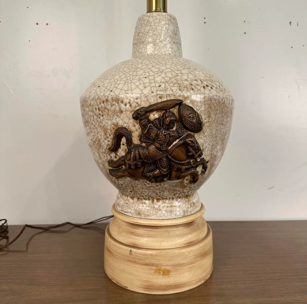 Large Scale Ceramic Chinoiserie Knight Table Lamp. James Mont Style