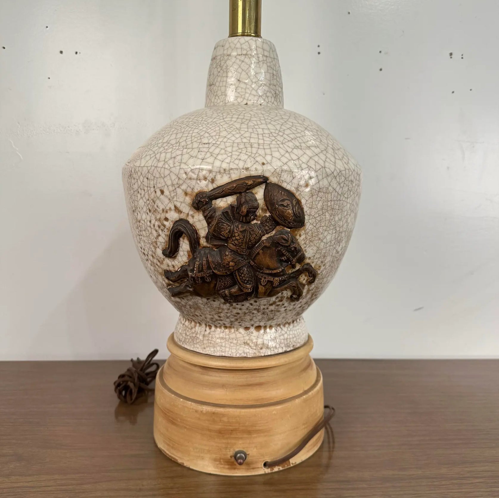 Large Scale Ceramic Chinoiserie Knight Table Lamp. James Mont Style