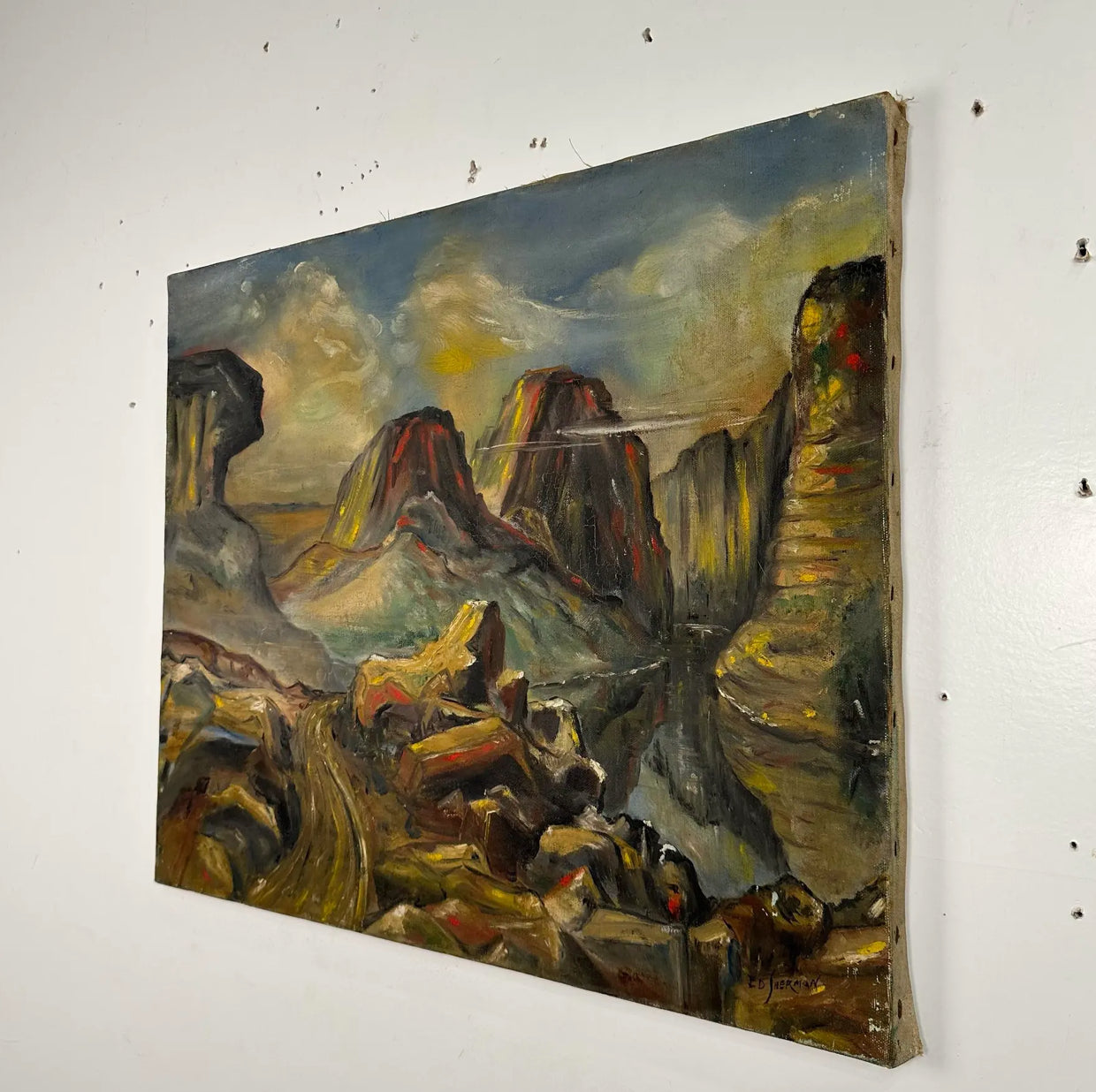 Abstract Landscape Painting Singed Ed Sherman 1947