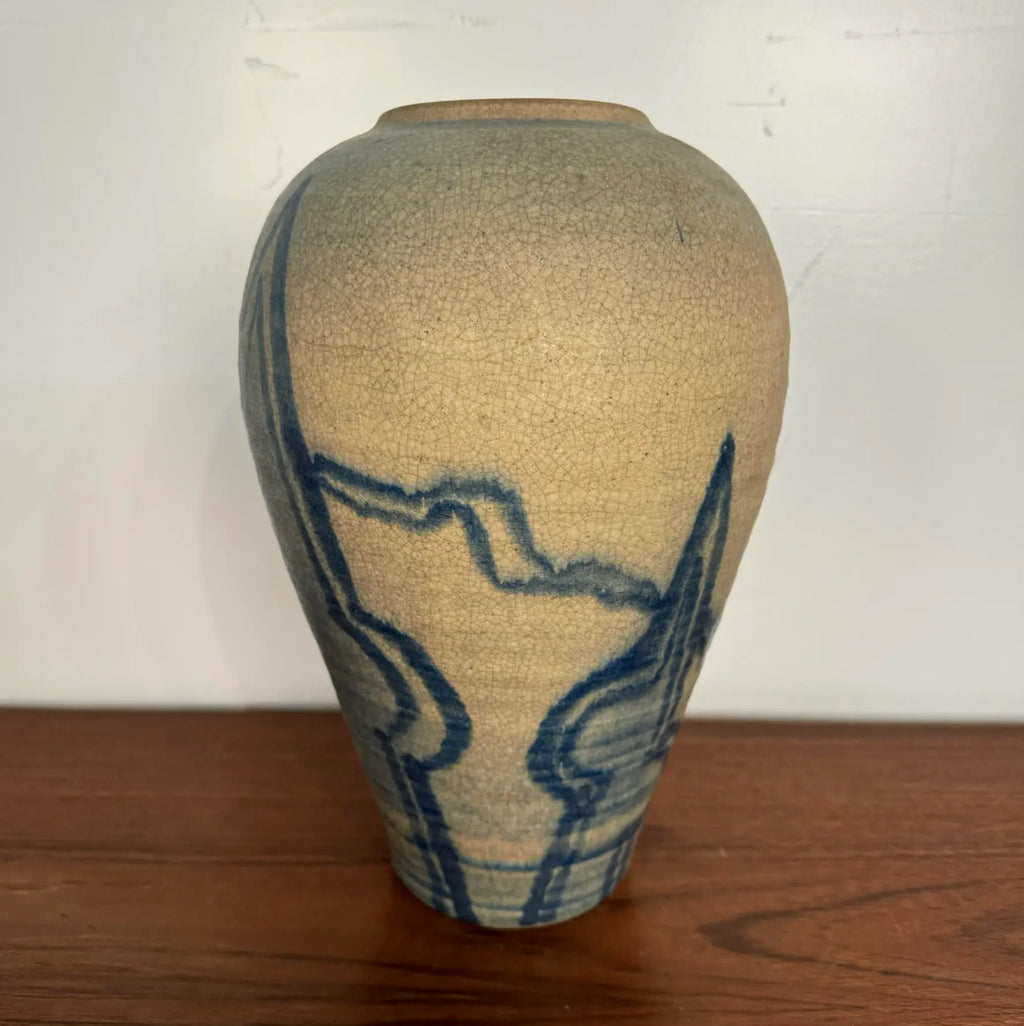 Blue and Cream Ceramic Glazed Vase