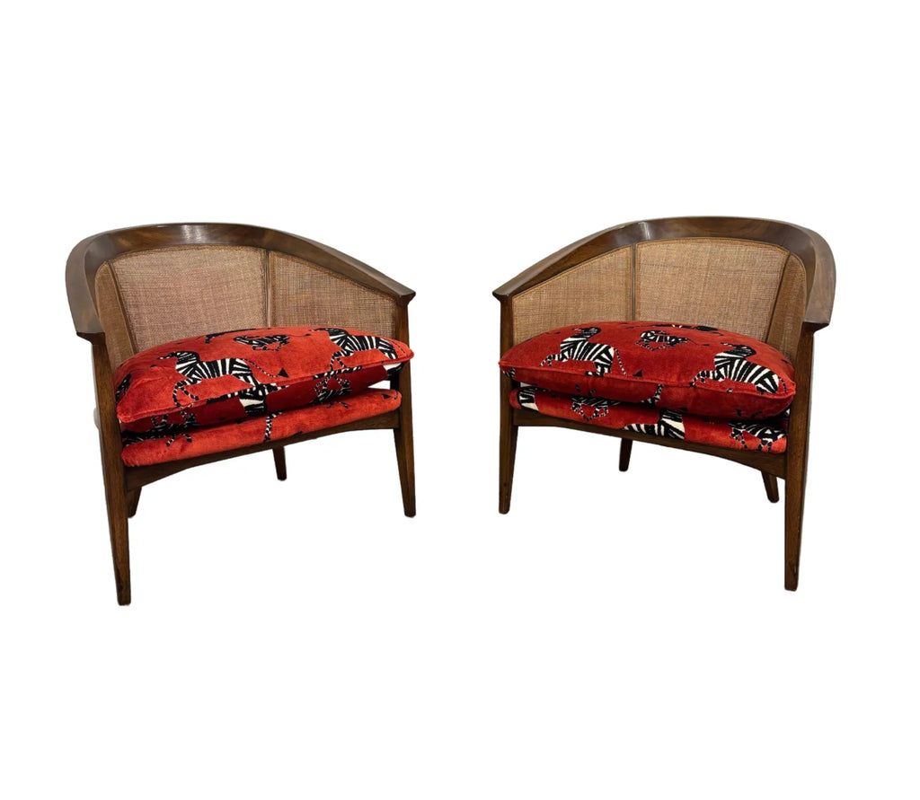 Pair of Mid-Century Caned Back Barrel Club Chairs Attributed to Directional Zebra