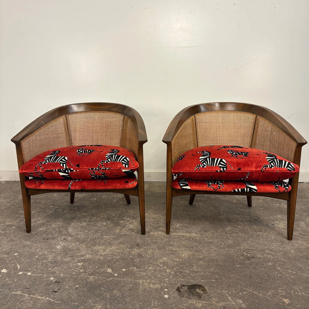 Pair of Mid-Century Caned Back Barrel Club Chairs Attributed to Directional Zebra