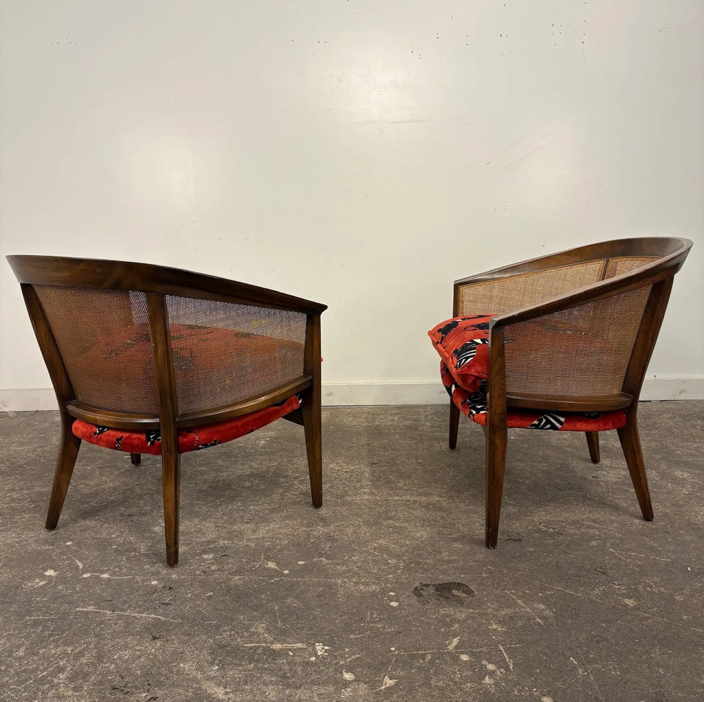 Pair of Mid-Century Caned Back Barrel Club Chairs Attributed to Directional Zebra