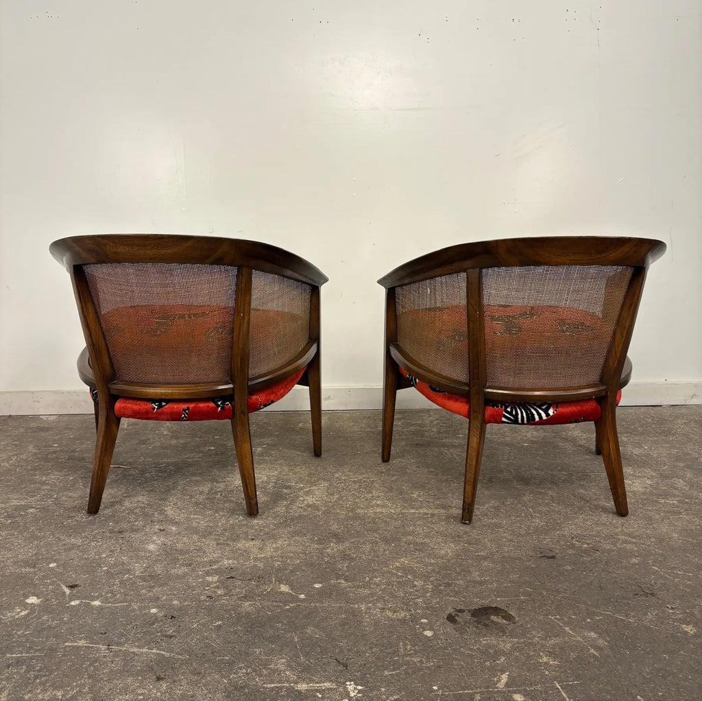 Pair of Mid-Century Caned Back Barrel Club Chairs Attributed to Directional Zebra
