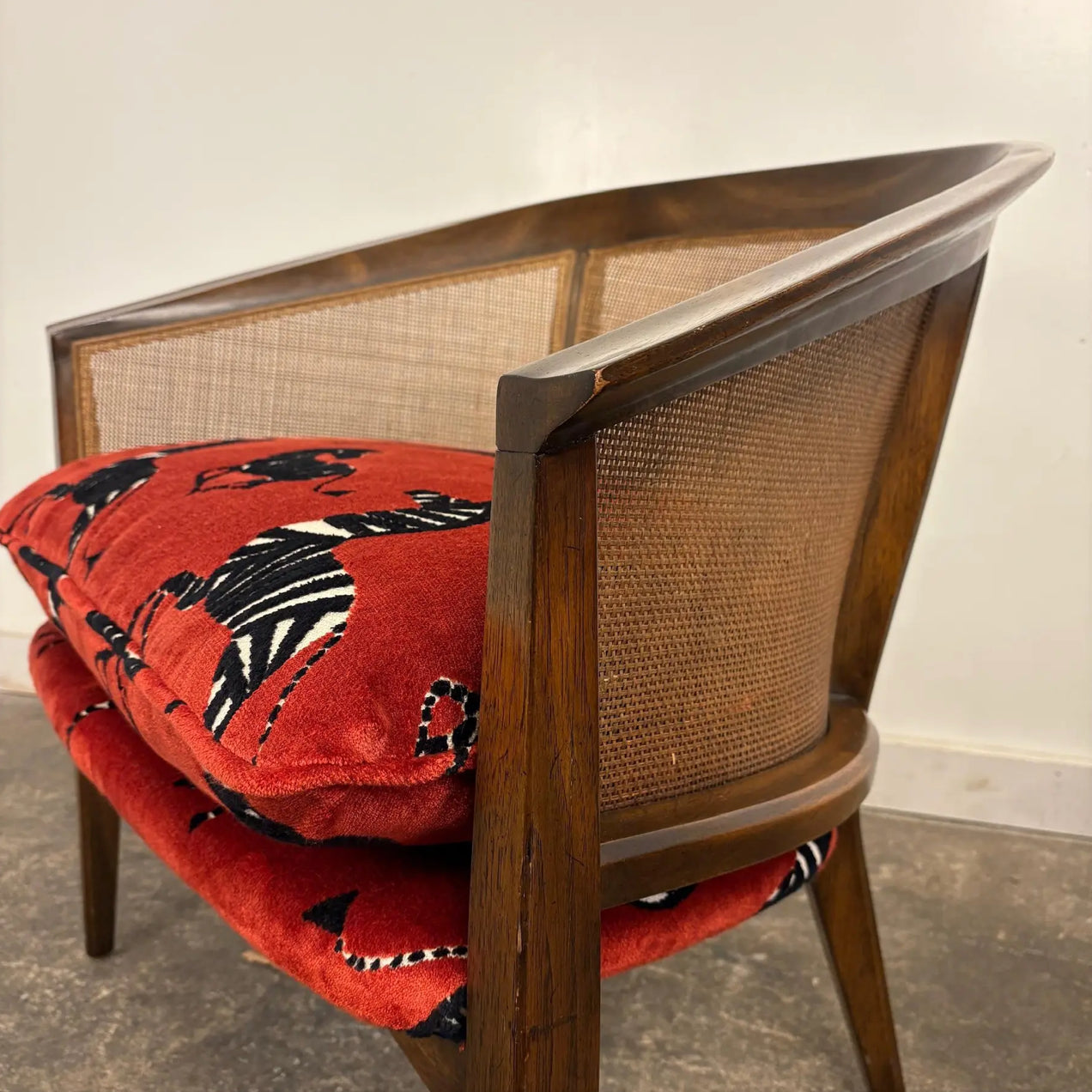 Pair of Mid-Century Caned Back Barrel Club Chairs Attributed to Directional Zebra