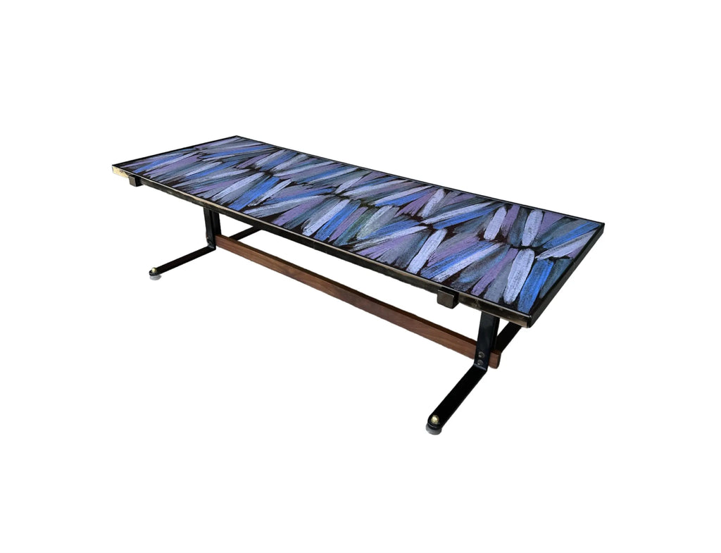 Mid Century Enamel Top Coffee Table Blue and Purple