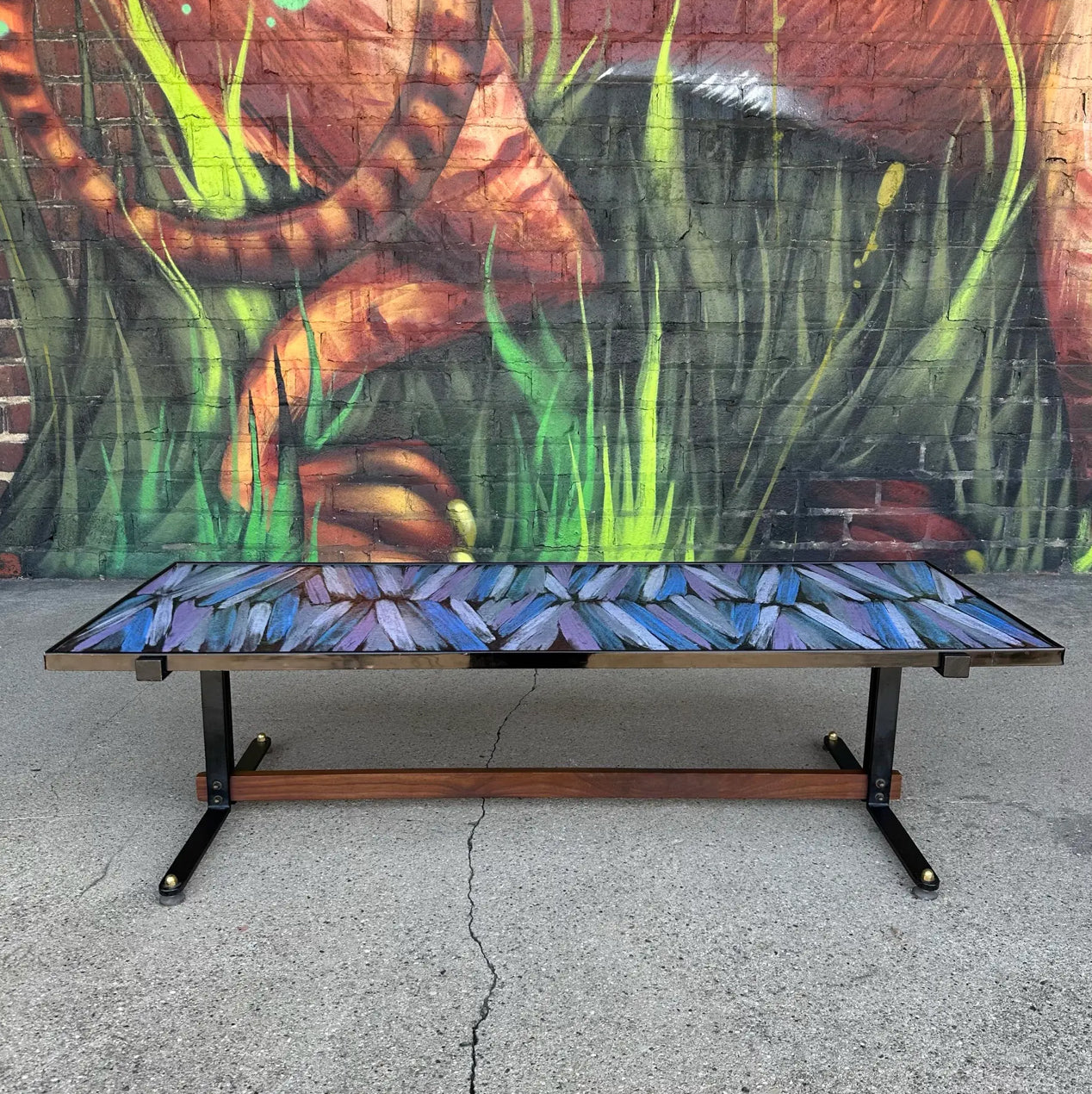 Mid Century Enamel Top Coffee Table Blue and Purple
