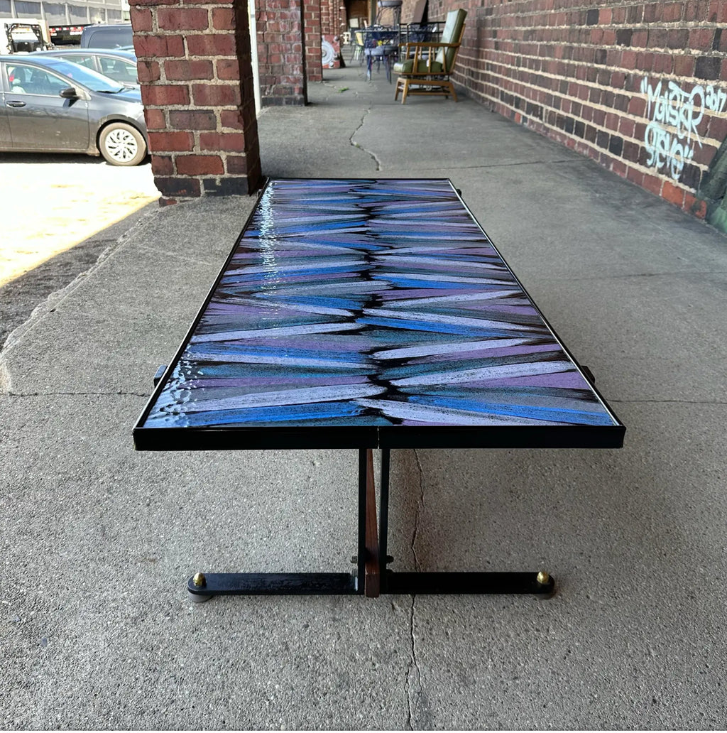 Mid Century Enamel Top Coffee Table Blue and Purple