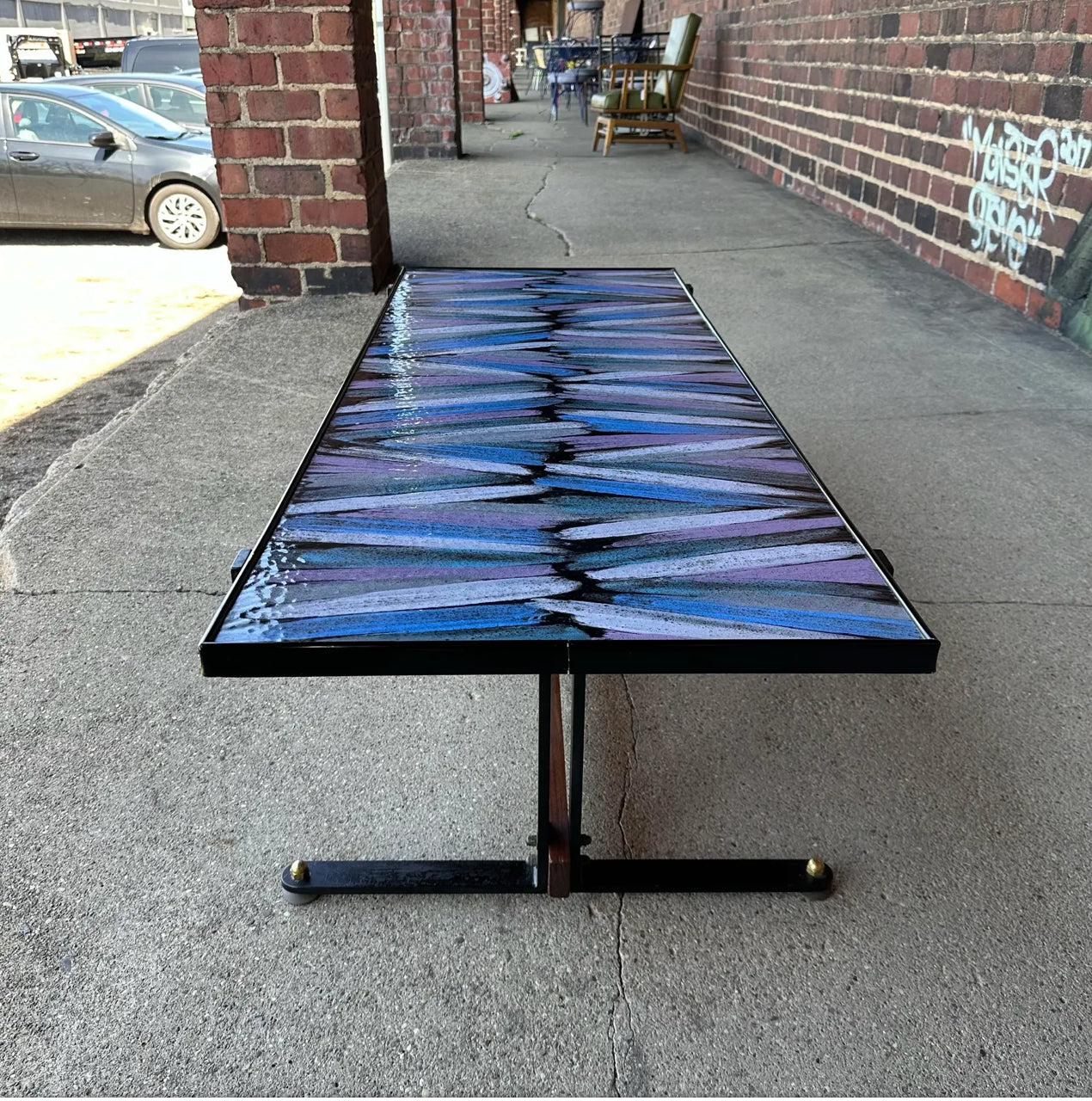 Mid Century Enamel Top Coffee Table Blue and Purple