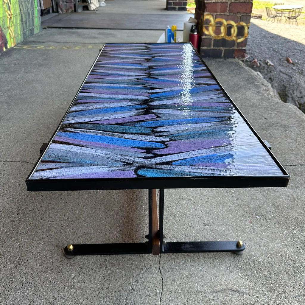 Mid Century Enamel Top Coffee Table Blue and Purple