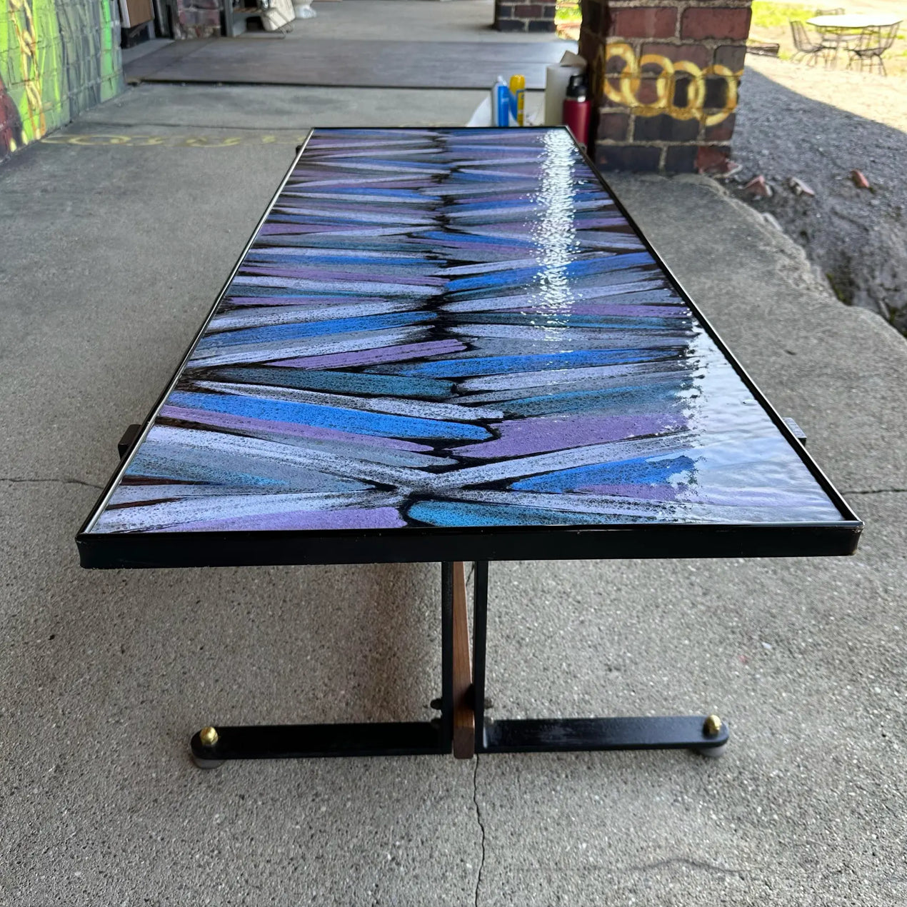 Mid Century Enamel Top Coffee Table Blue and Purple