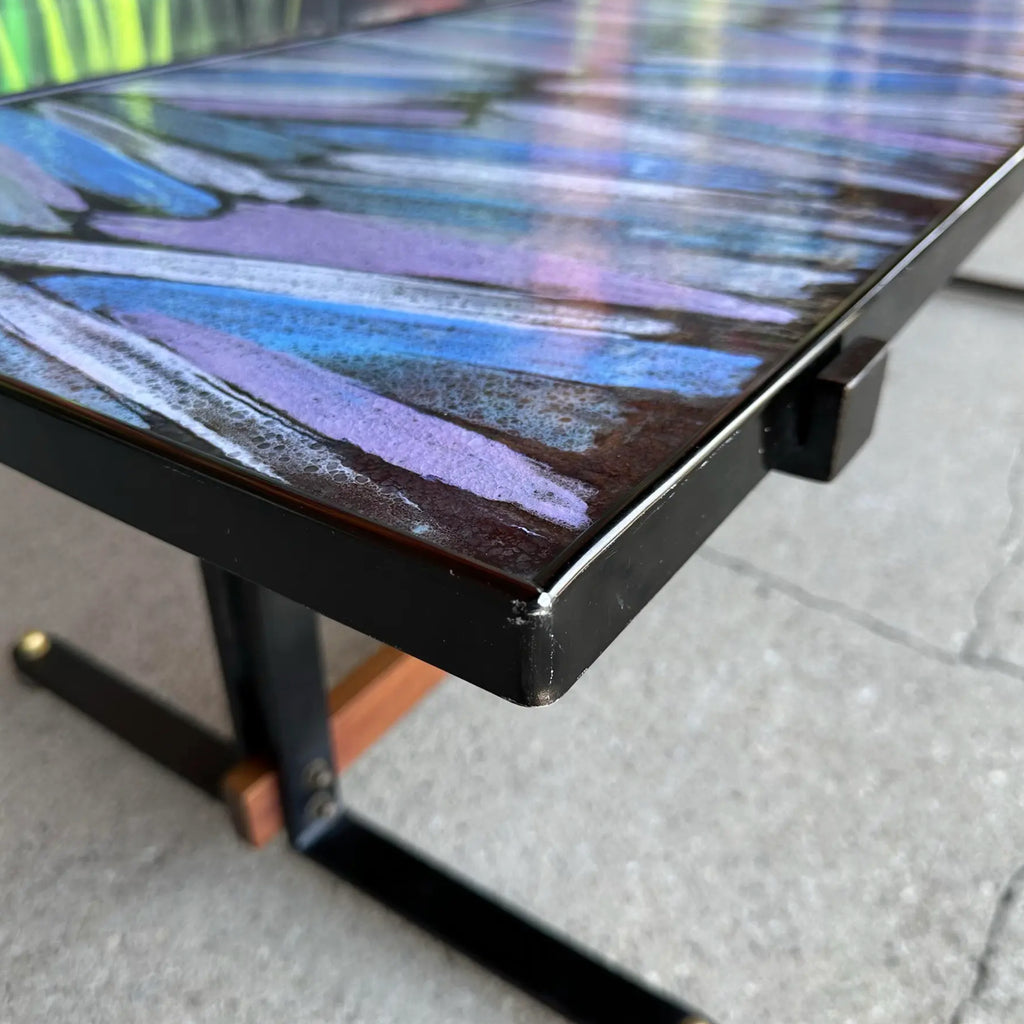 Mid Century Enamel Top Coffee Table Blue and Purple