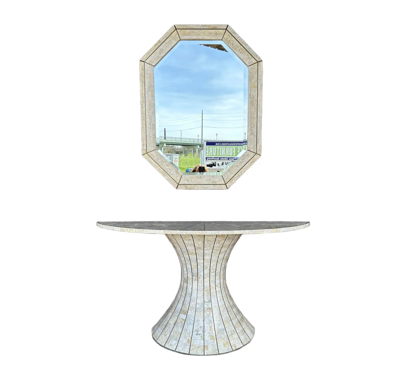 Post-Modern Travertine Vanity and Mirror Set Console Table Maitland Smith