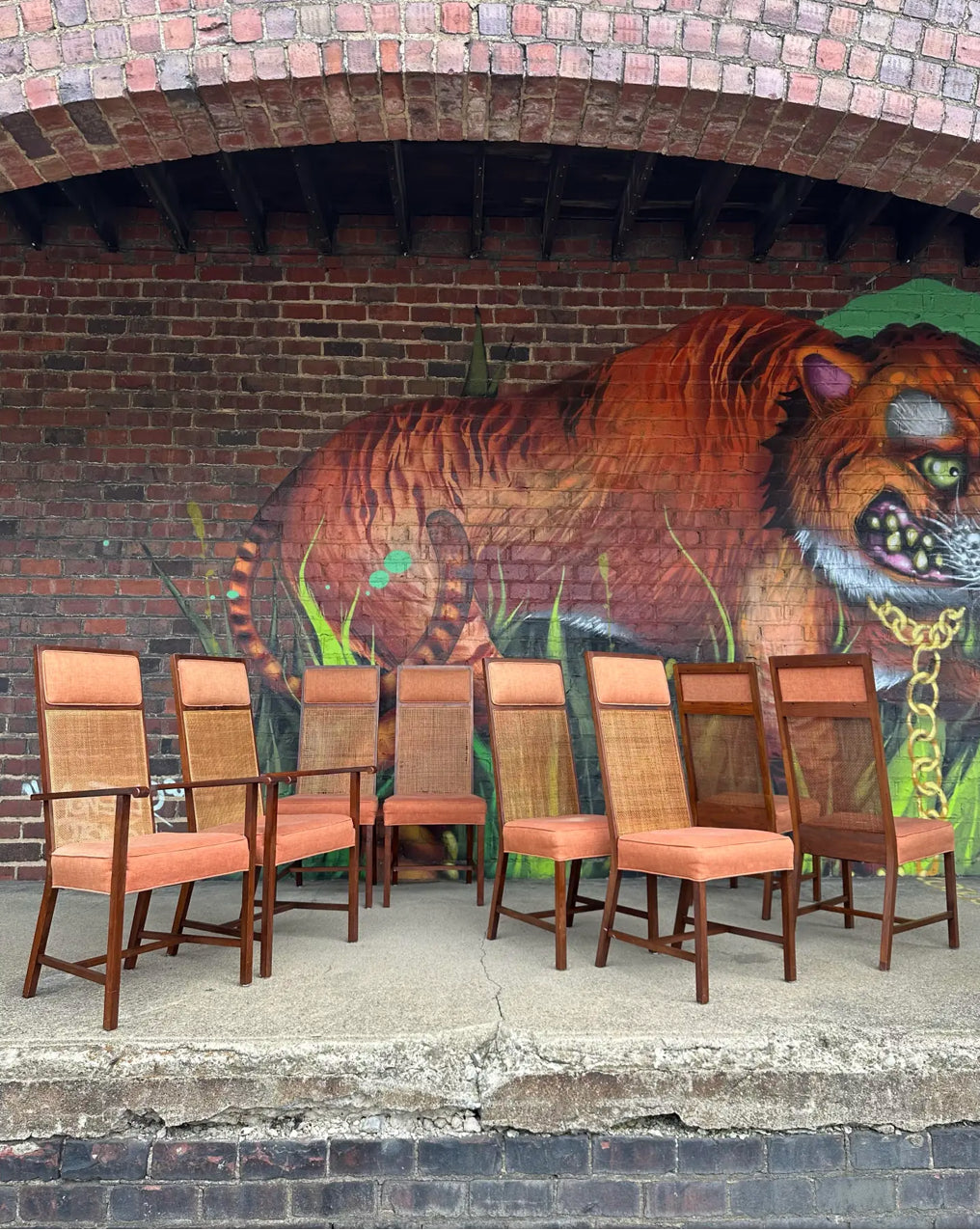 Mid 20th Century Set of 8 Cane High Back Dining Chairs