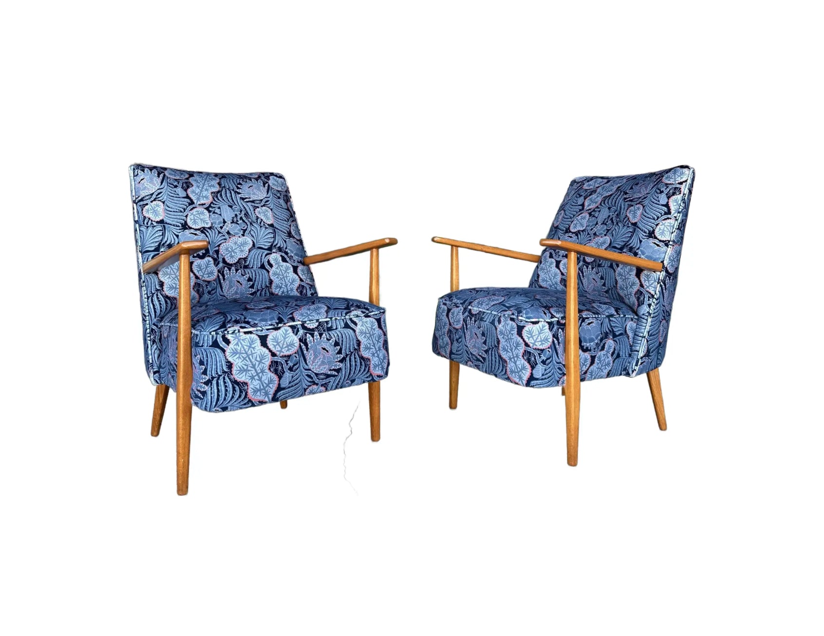 Pair of Mid Century Modern Klaus Haapaniemi & Co. Iceflower Blue Fabric Chairs