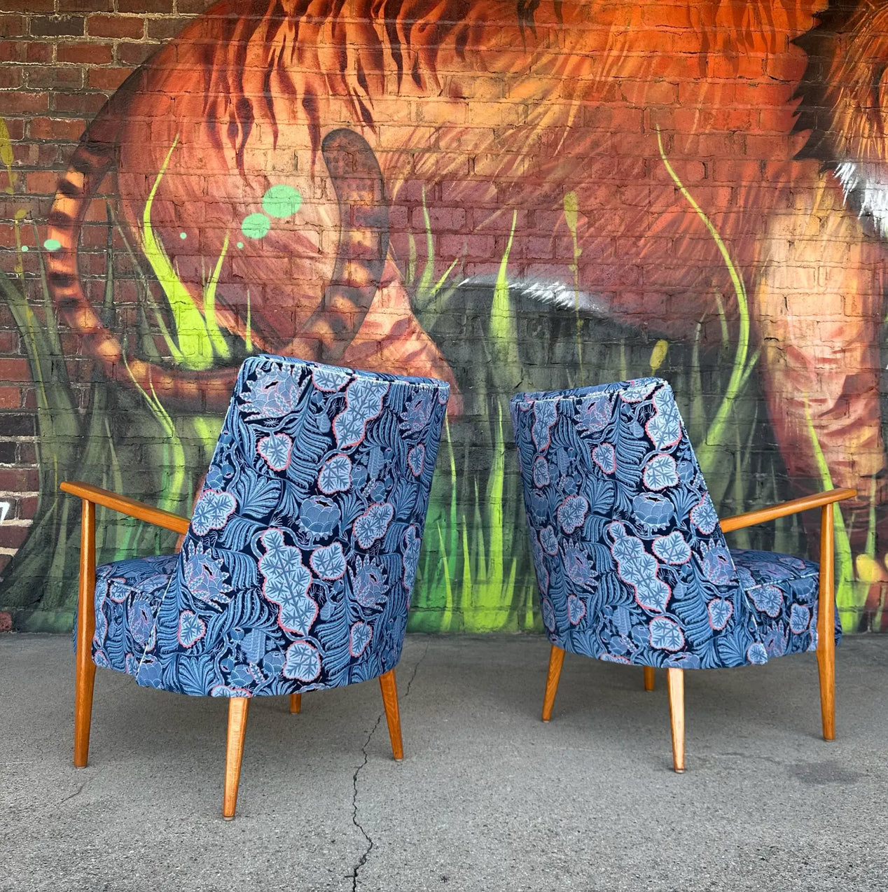 Pair of Mid Century Modern Klaus Haapaniemi & Co. Iceflower Blue Fabric Chairs