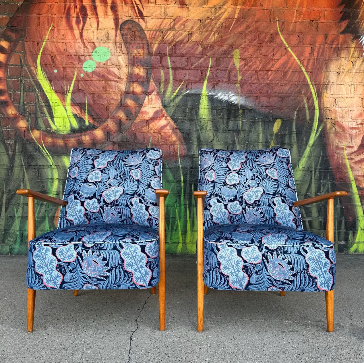 Pair of Mid Century Modern Klaus Haapaniemi & Co. Iceflower Blue Fabric Chairs