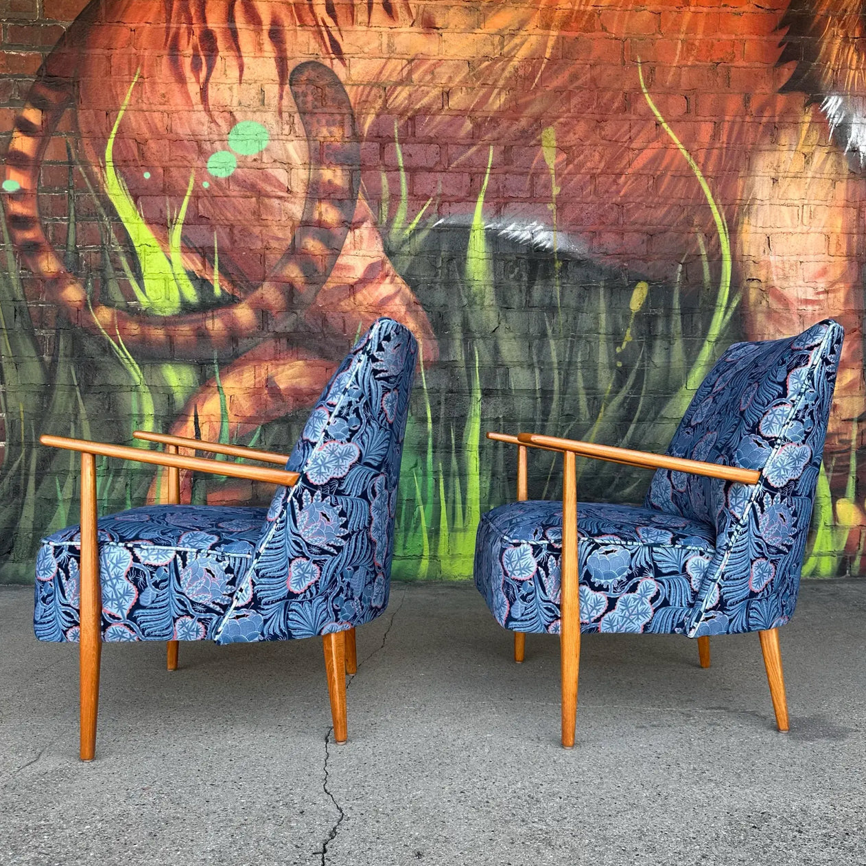 Pair of Mid Century Modern Klaus Haapaniemi & Co. Iceflower Blue Fabric Chairs
