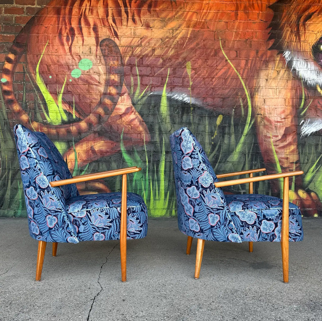 Pair of Mid Century Modern Klaus Haapaniemi & Co. Iceflower Blue Fabric Chairs