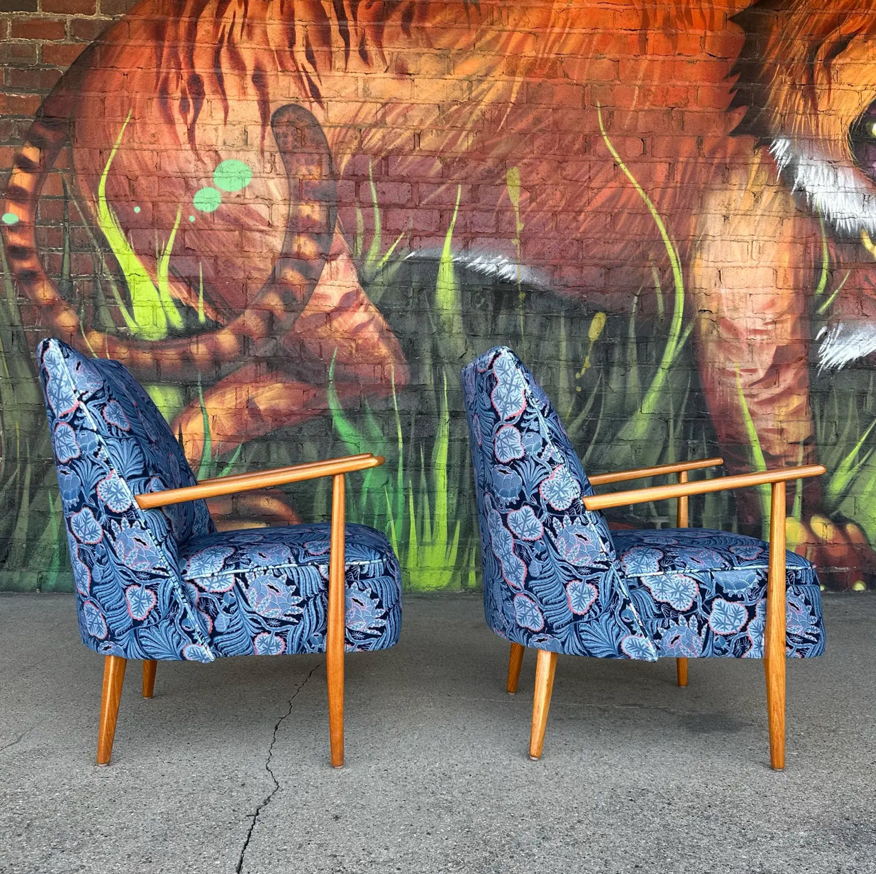 Pair of Mid Century Modern Klaus Haapaniemi & Co. Iceflower Blue Fabric Chairs