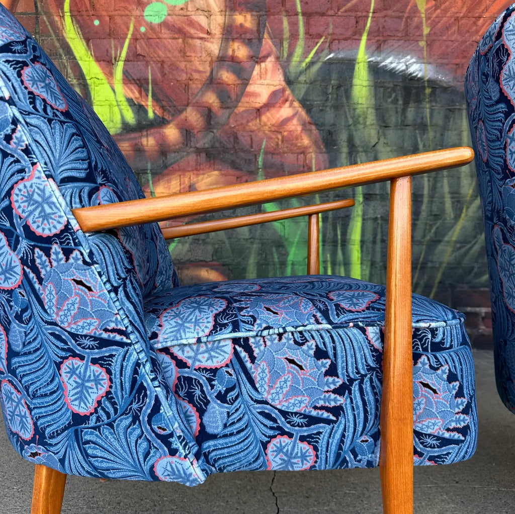 Pair of Mid Century Modern Klaus Haapaniemi & Co. Iceflower Blue Fabric Chairs