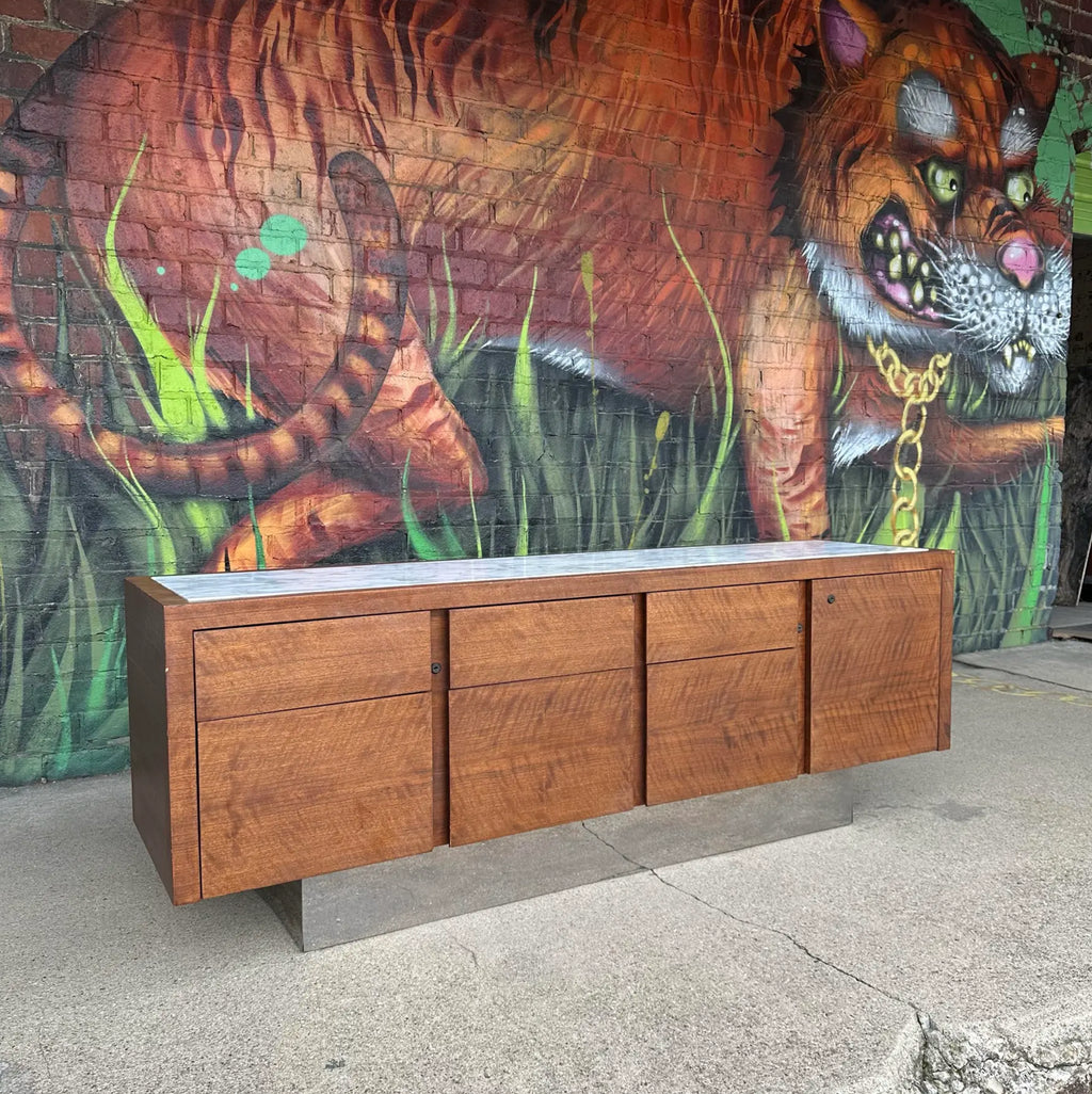 Mid Century Modern Helikon Walnut Chrome and Marble Credenza
