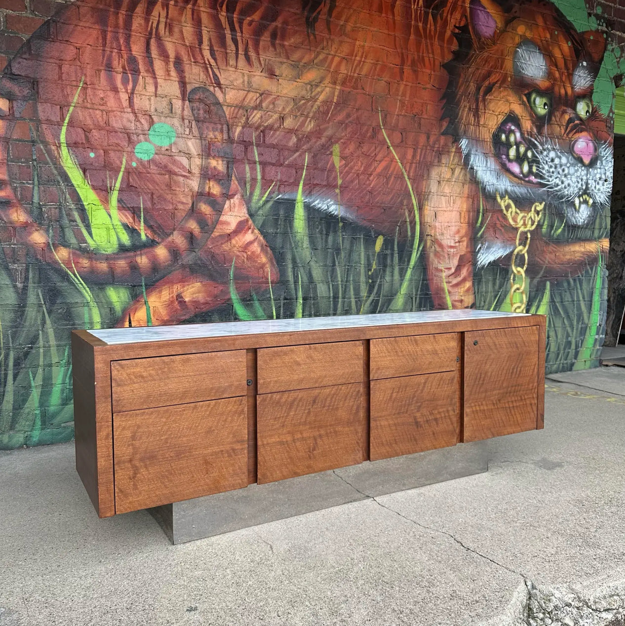 Mid Century Modern Helikon Walnut Chrome and Marble Credenza
