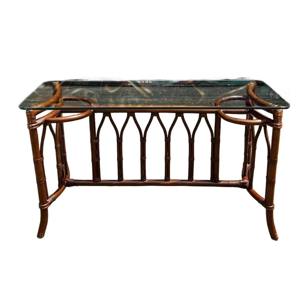 1970s Bamboo Rattan and Glass Console Table