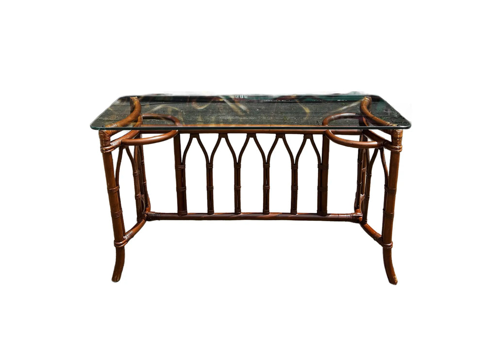 1970s Bamboo Rattan and Glass Console Table