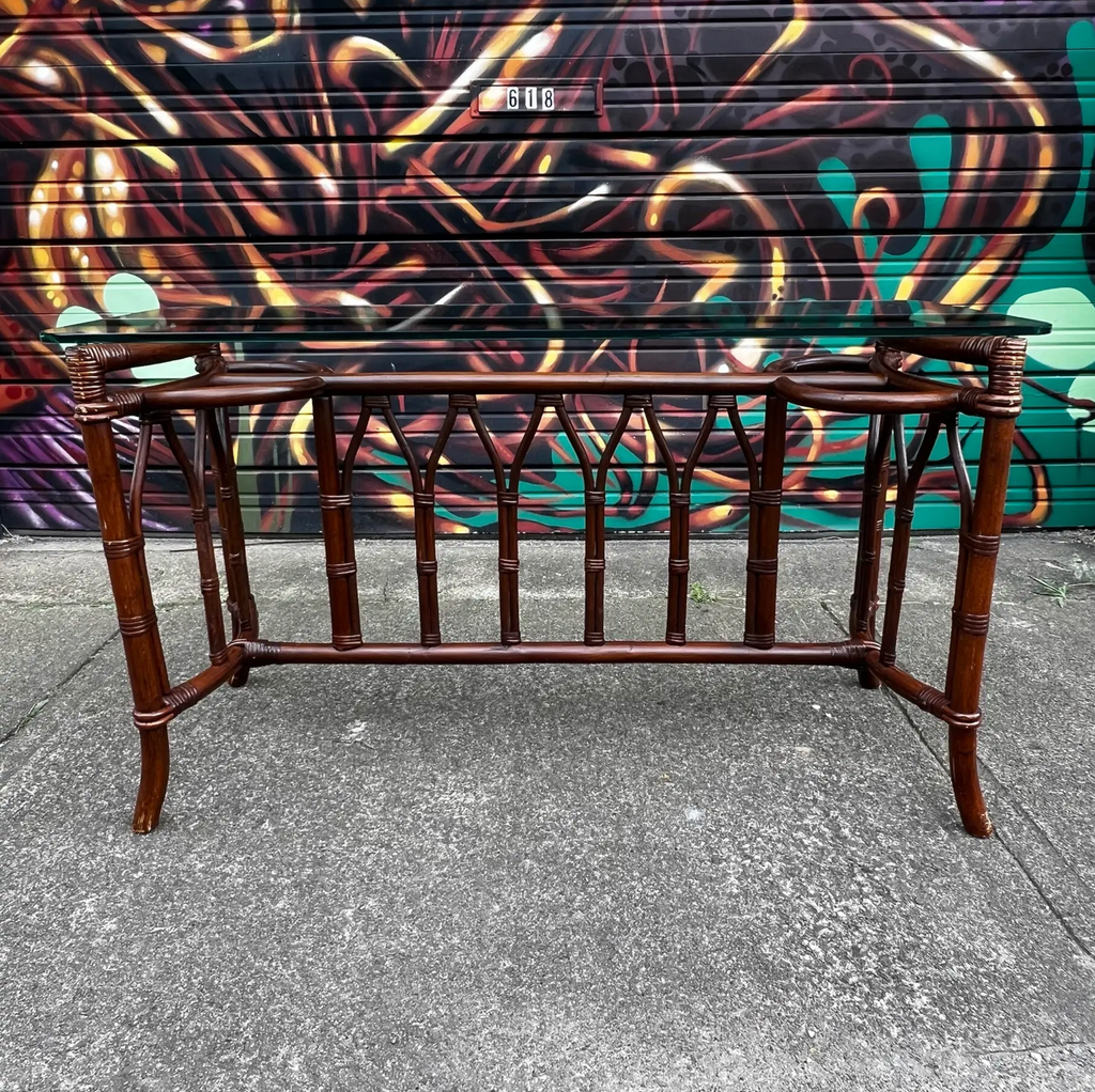1970s Bamboo Rattan and Glass Console Table