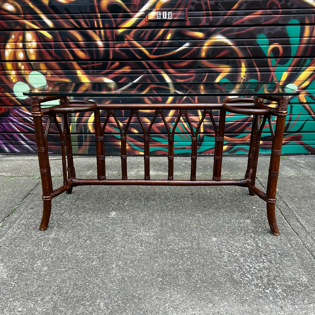 1970s Bamboo Rattan and Glass Console Table
