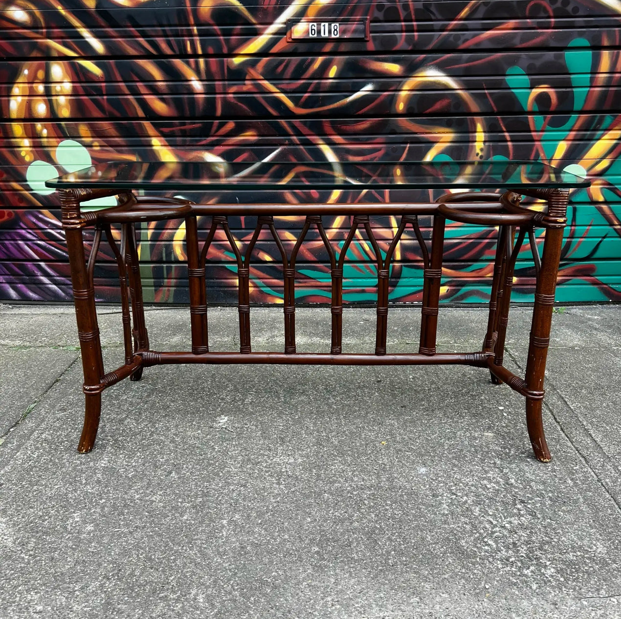 1970s Bamboo Rattan and Glass Console Table