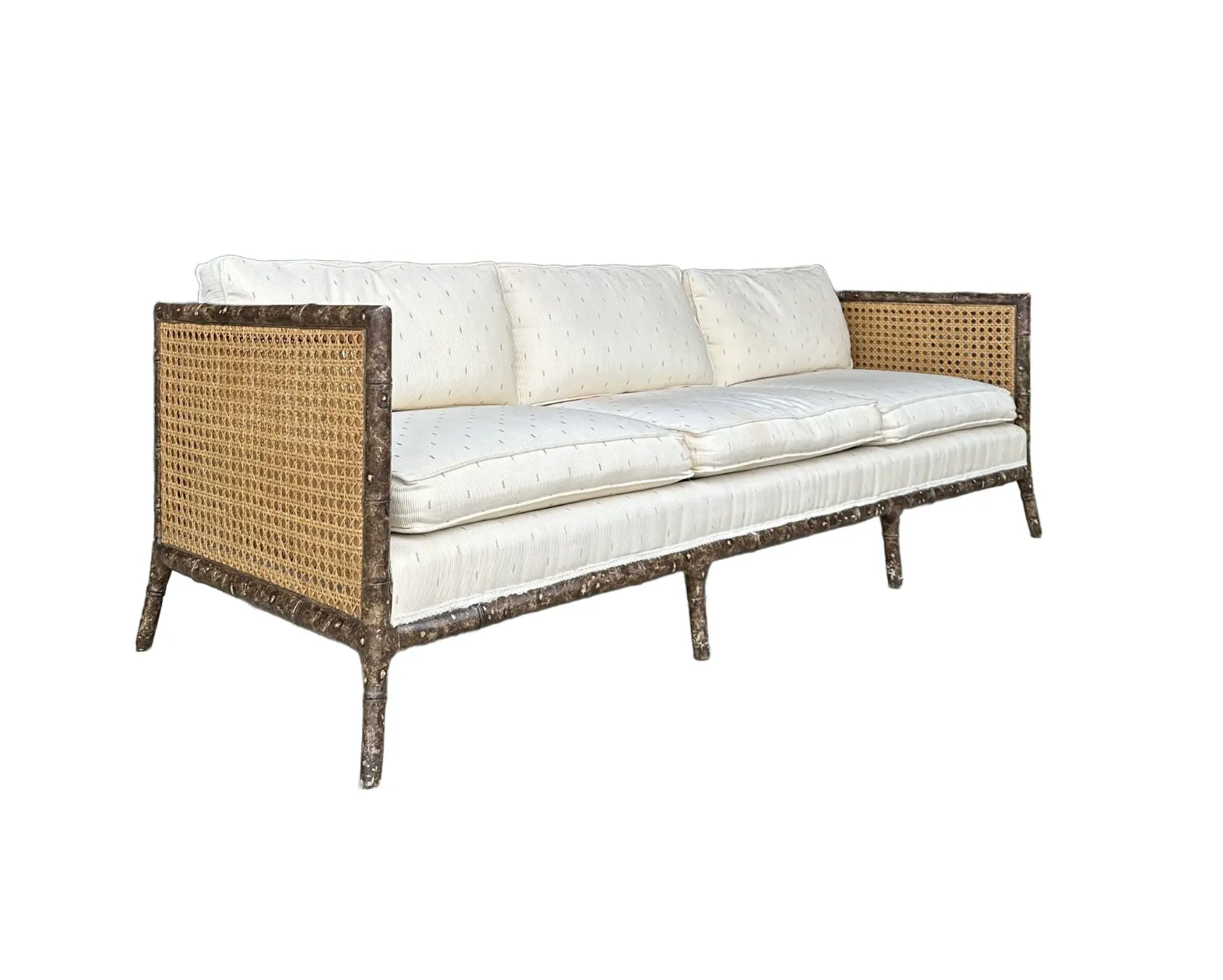Vintage Faux Bamboo Sofa With Caned Arms in Style of Robsjohn Gibbings Mid-Century Modern