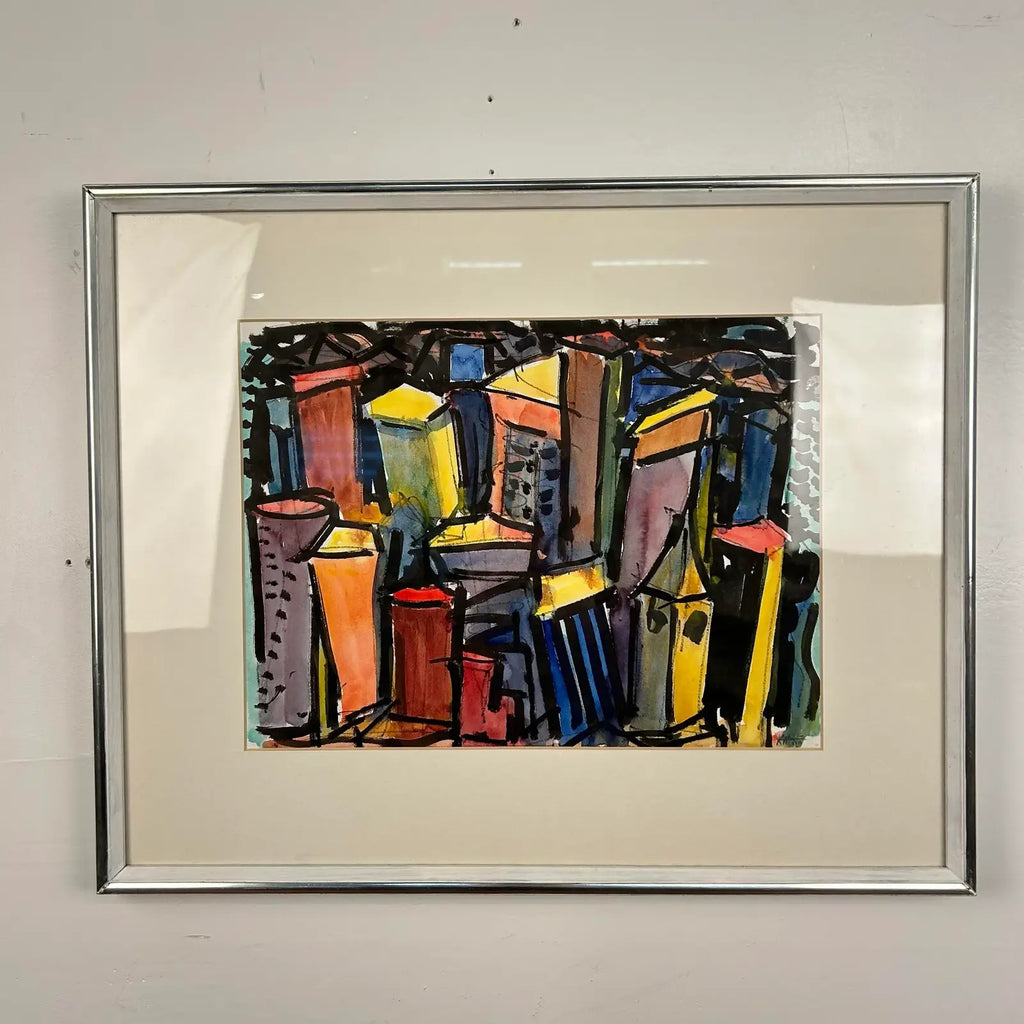 Abstract Cityscape Watercolor Framed Painting by Kenneth Marcus Hugh