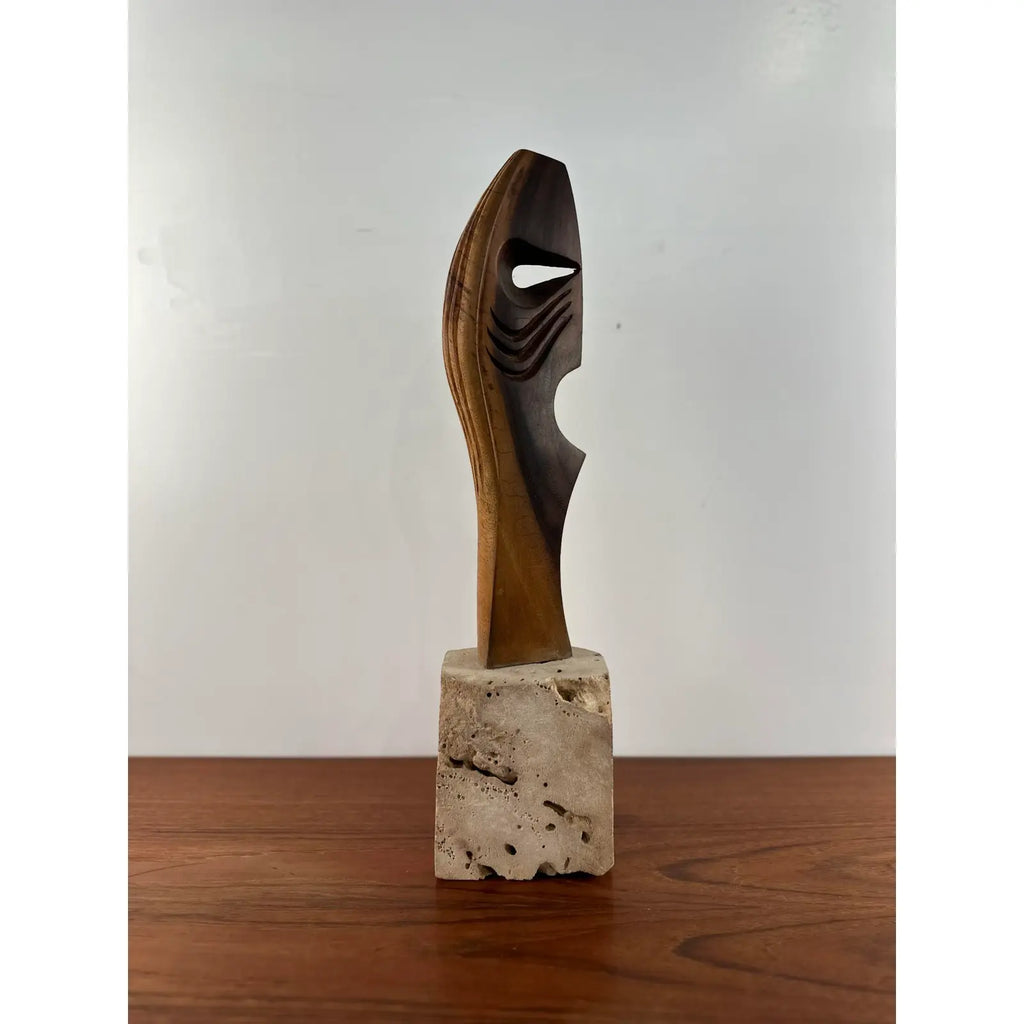 Abstract Wood Sculpture on Stone Base